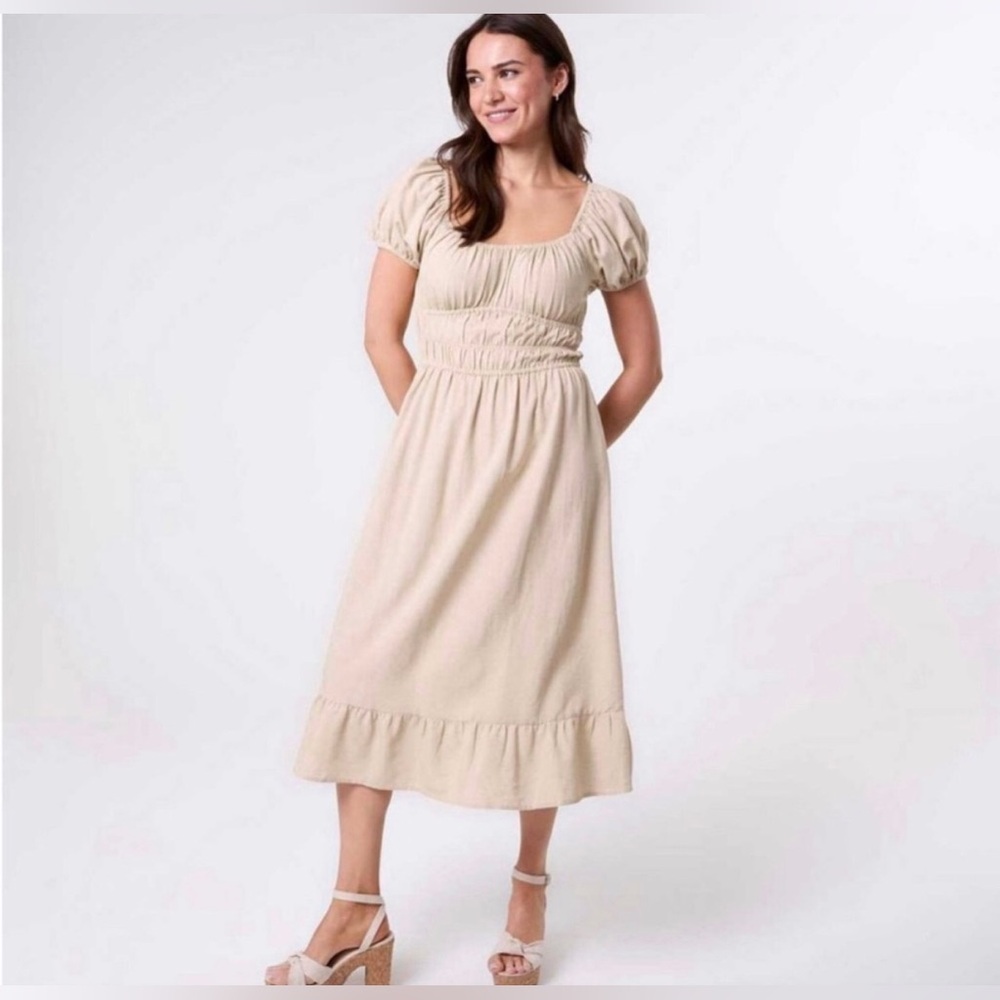 Sim And Sam Milkmaid Cottage Dress Size M Beige Linen Blend Peasant Farmhouse
